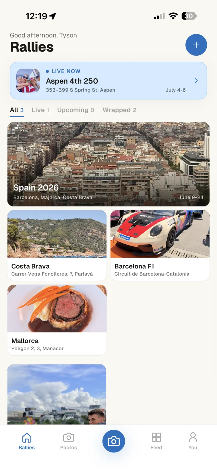 Rally home screen showing a list of rallies